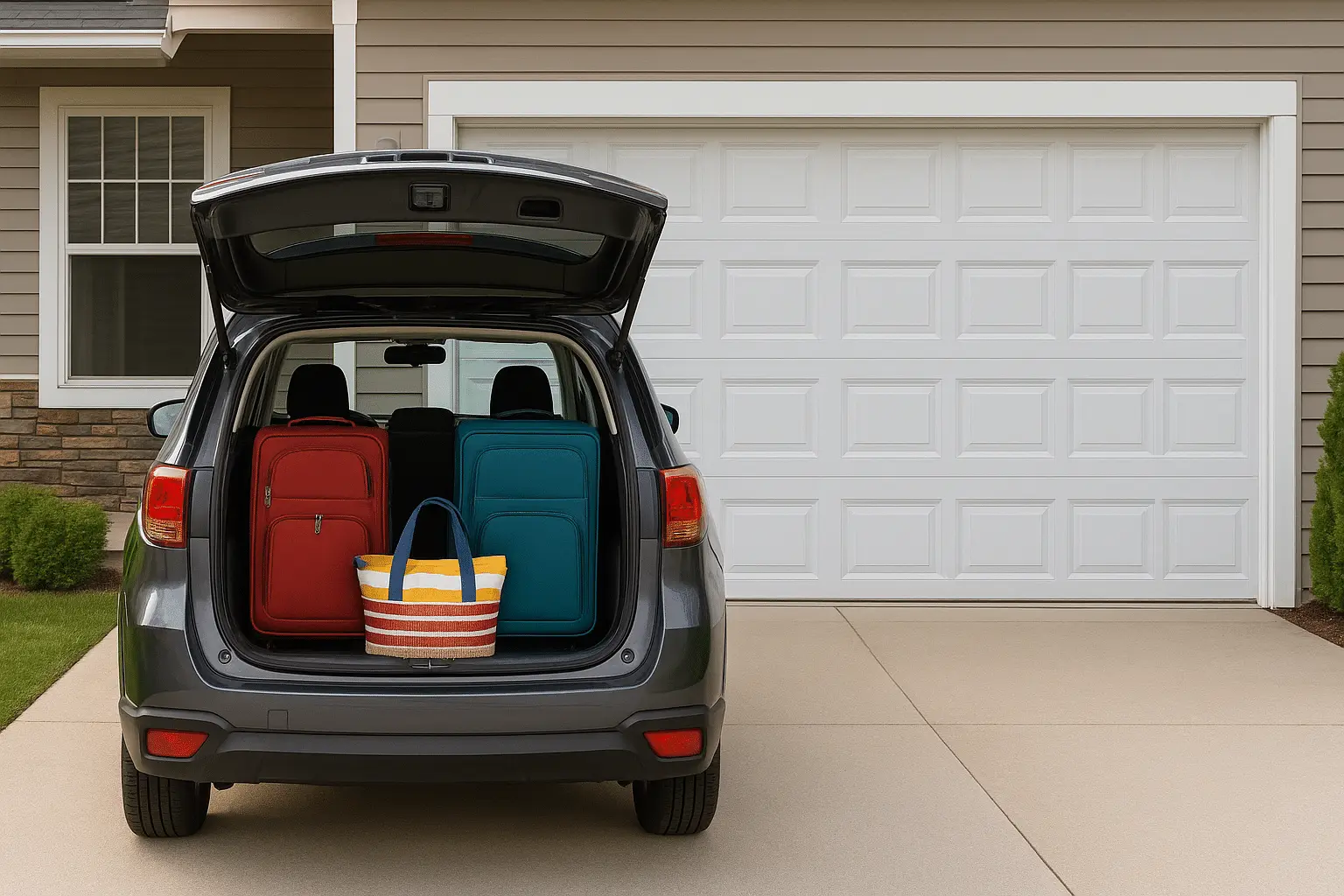 Summer in Michigan - A car parked in a driveway loaded with luggage.