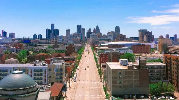Aerial view of Detroit city with Woodward ave