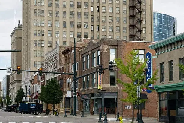 A variety of stores in downtown Pontiac, Michigan.