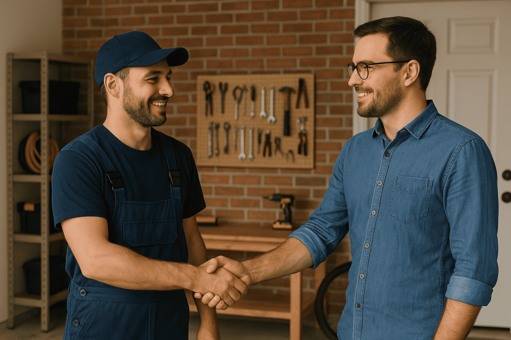 Garage repair technician shaking hands with a customer.