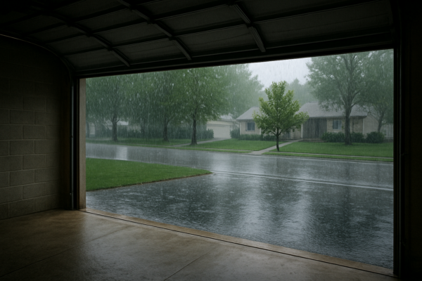 A rainy day viewed from inside a garage. Protecting Your Garage Door.