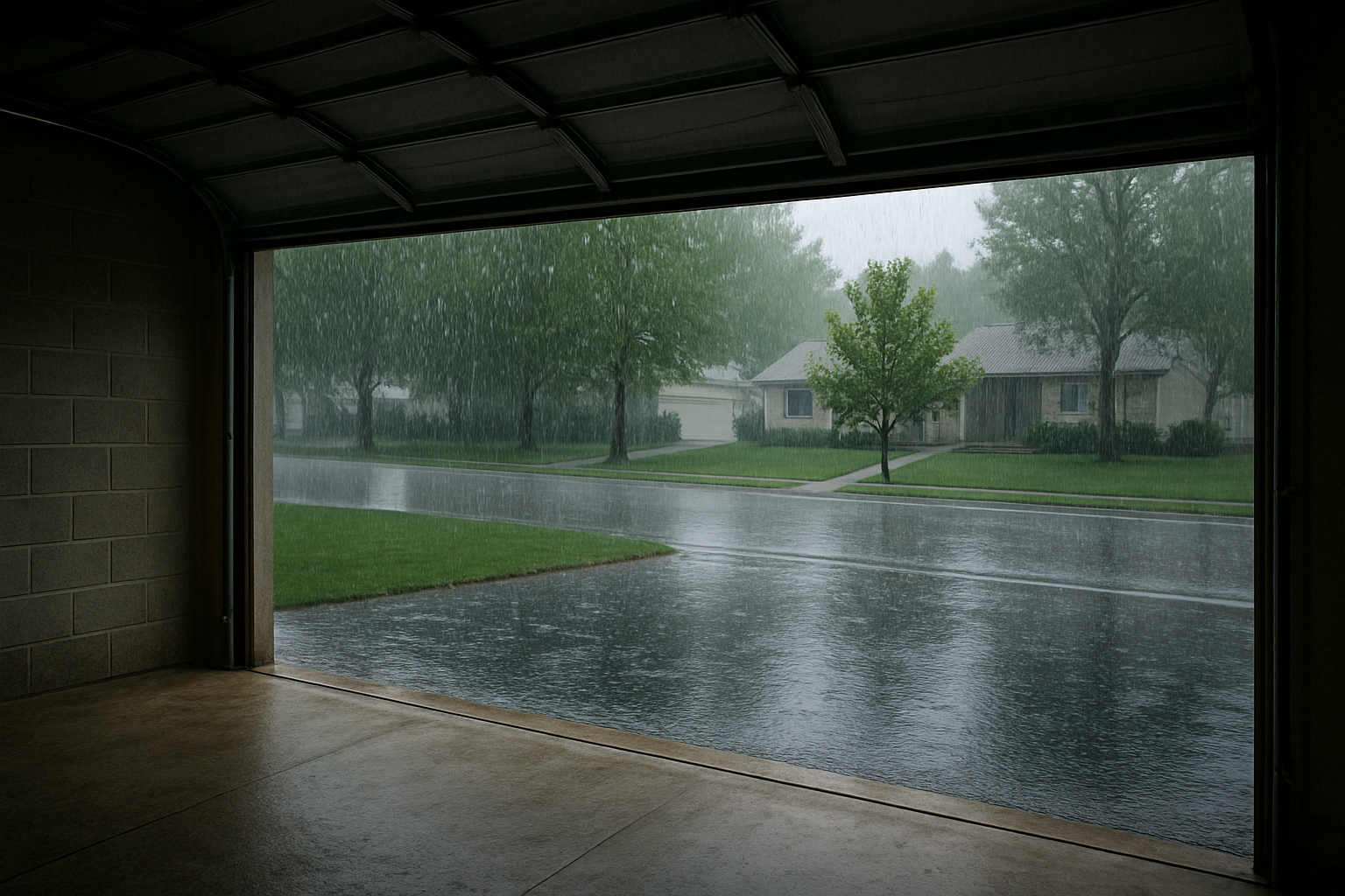 A rainy day viewed from inside a garage. Protecting Your Garage Door.