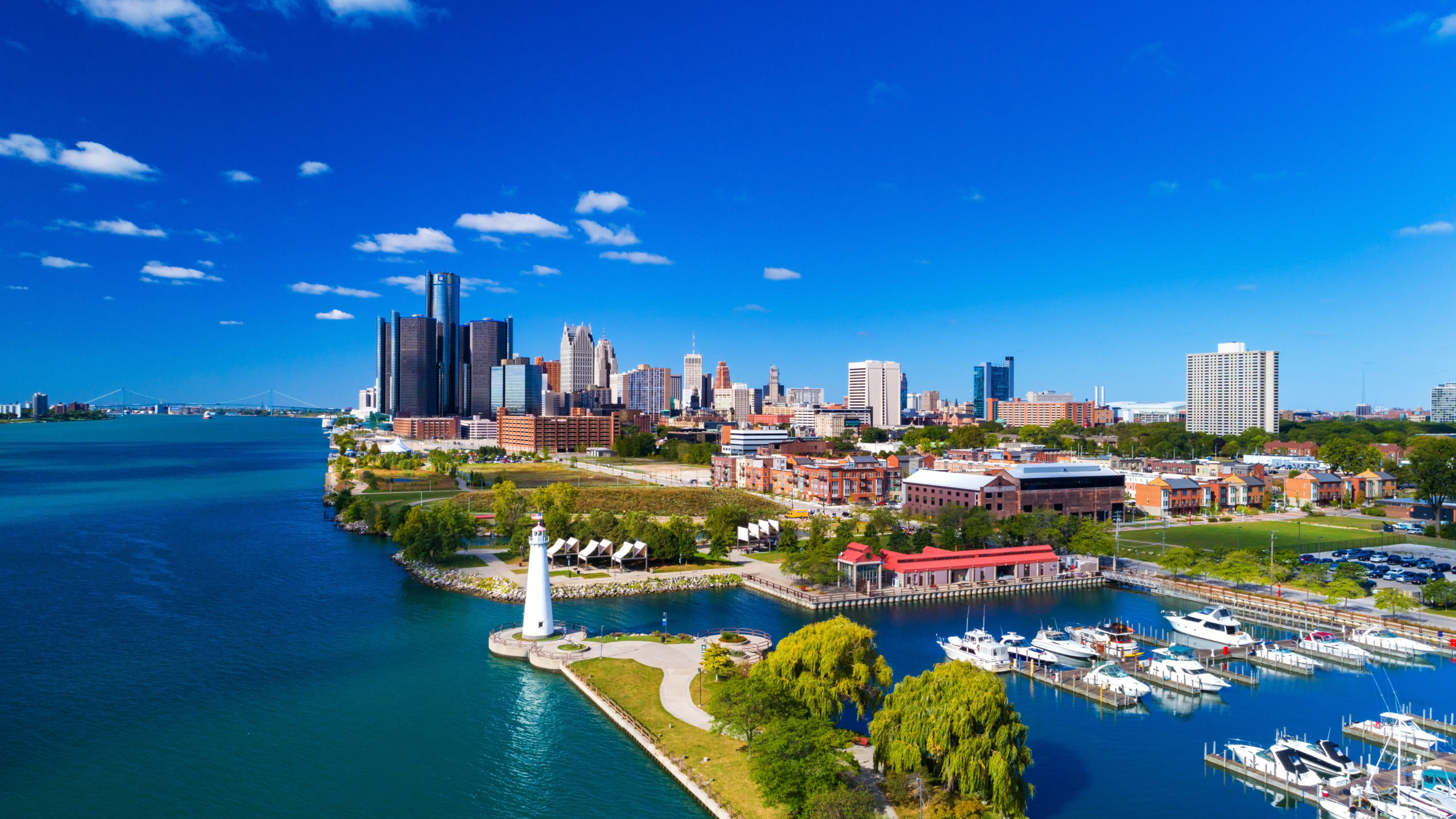 Aerial view of Detroit skyline.