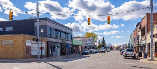 Cheboygan, Michigan, USA - October 23, 2021: The old business district on Mian Street