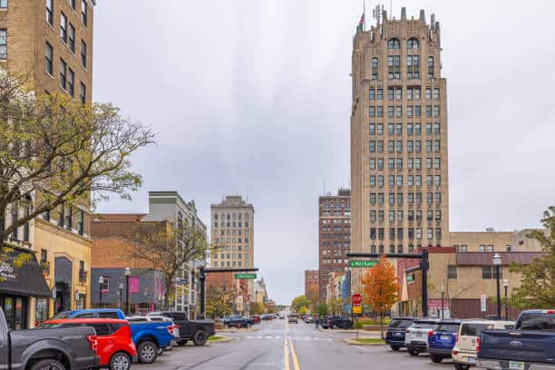 Jackson, Michigan, USA - October 24, 2021: The view of downtown on Michigan Avenue