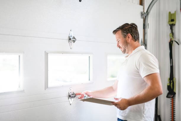 A man inspecting or Fixing a garage door