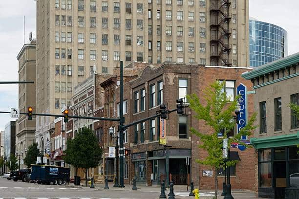 A variety of stores in downtown Pontiac, Michigan.