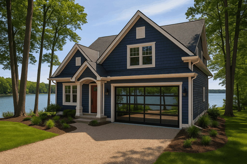 Blue lake house with glass garage doors.